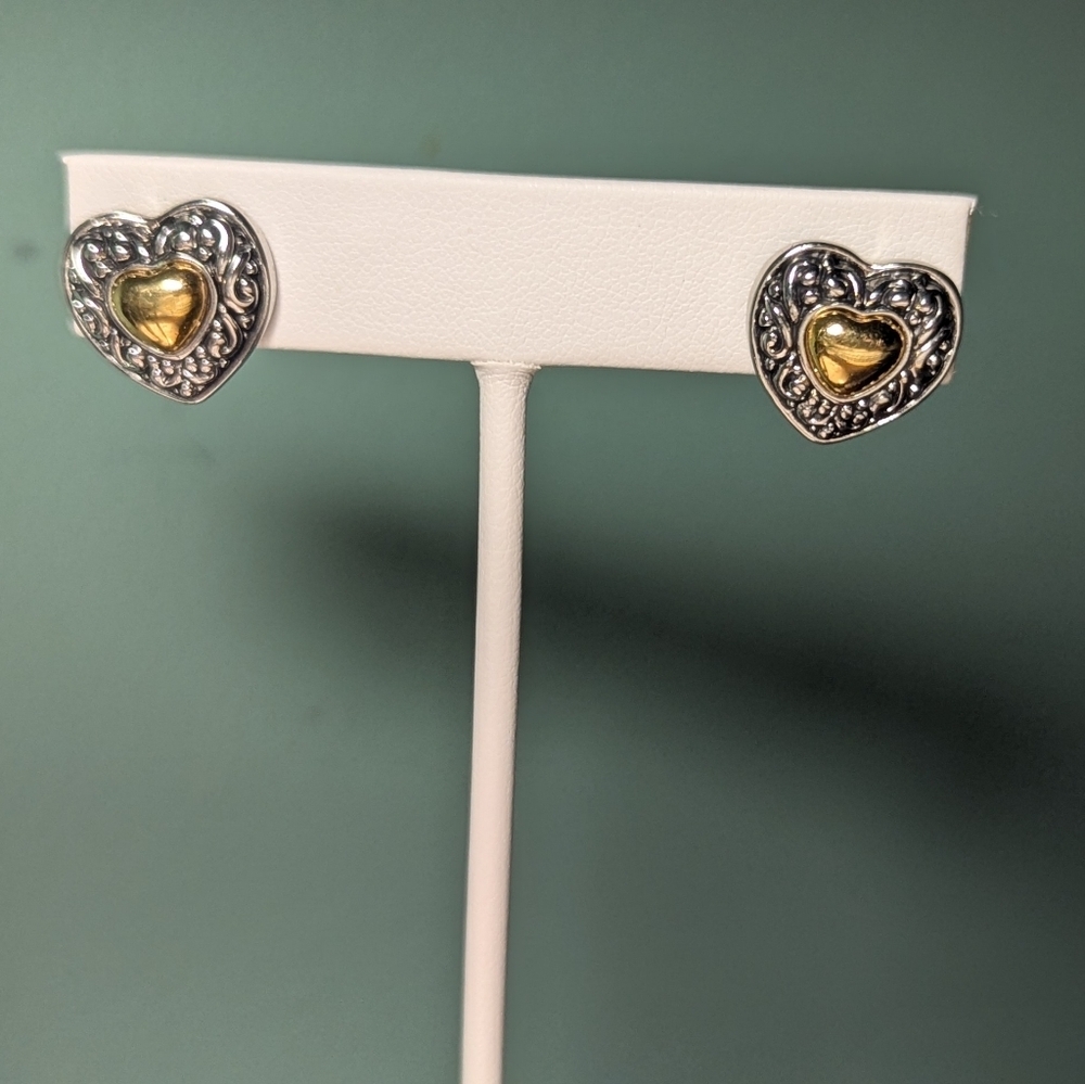 Puffy Heart-Shaped Silver and Gold Pierced Earrings Signed P.D.